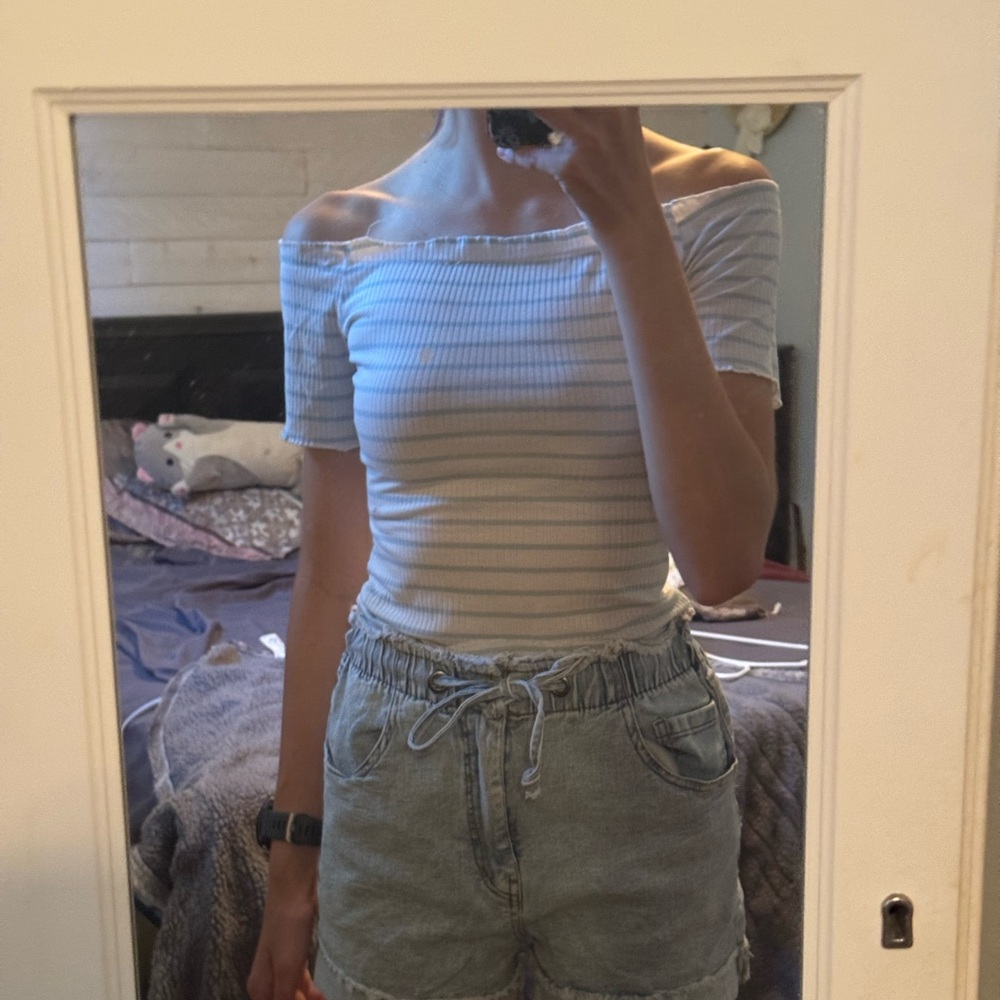 Striped Off-Shoulder Top - Blue and White